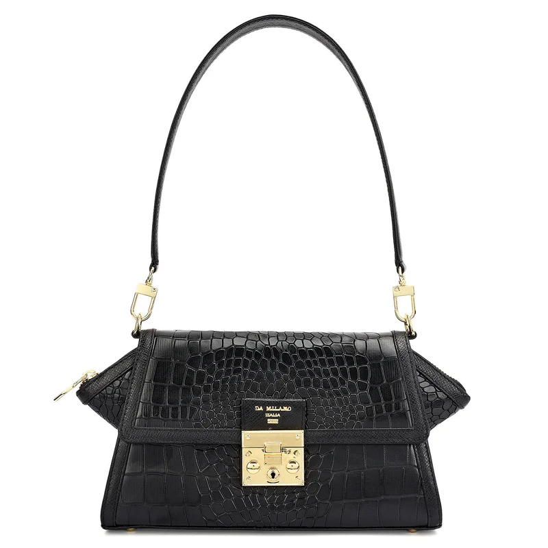 Da Milano Small Croco Leather Shoulder Bag - Black